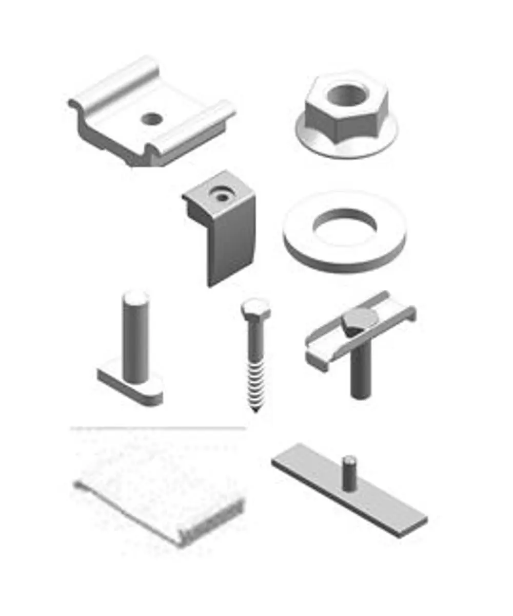 Kleinteile für strukturelle Anwendungen, dargestellt in verschiedenen Formen wie Schrauben, Unterlegscheiben und Halterungen. Produkt von Remeha.